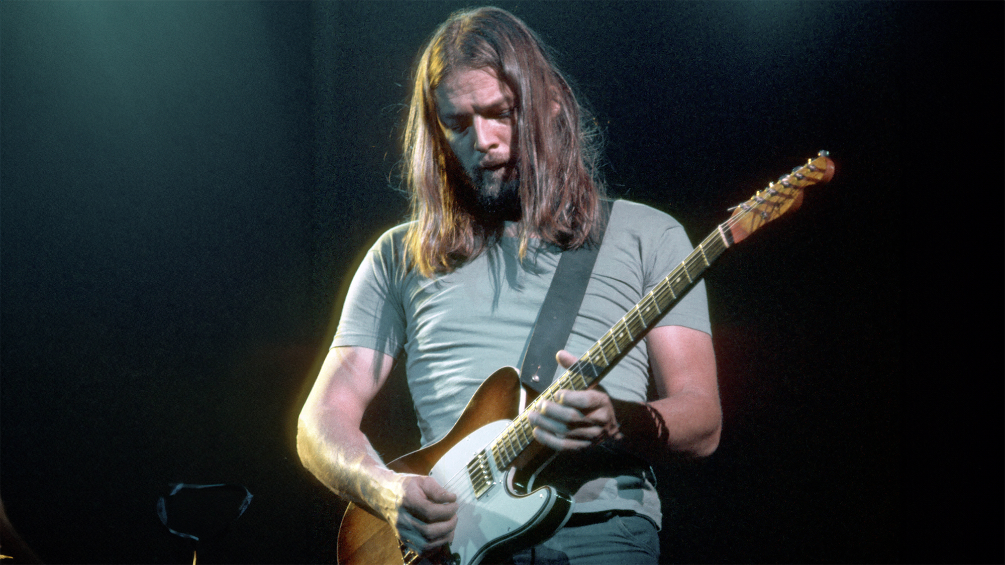 Dave Gilmour of Pink Floyd onstage at the Sports Arena in April 1975 in Los Angeles, California. (