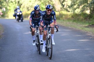 ALTO DE MONCALVILLO SPAIN SEPTEMBER 06 LR Primoz Roglic of Slovenia and Aleksandr Vlasov of Russia and Team Red Bull Bora hansgrohe attack in the final climb during the La Vuelta 79th Tour of Spain 2024 Stage 19 a 1735km stage from Logrono to Alto de Moncalvillo 1490m UCIWT on September 06 2024 in Alto de Moncalvillo Spain Photo by Dario BelingheriGetty Images