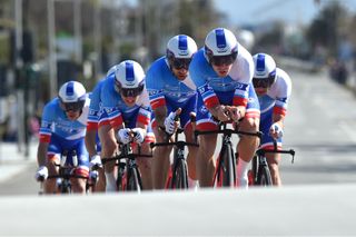 FDJ riding to third place in the team time trial