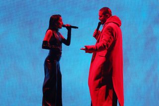 María Becerra and J Balvin perform onstage during the 64th Annual Grammy Awards