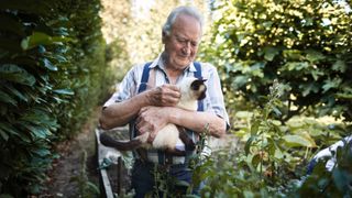 Senior man in garden holding cat