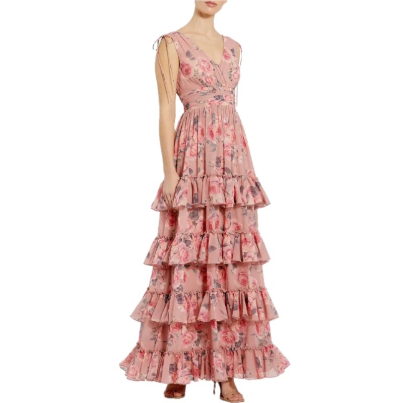 Mac Duggal, Drawstring Shoulder Floral Chiffon Tiered Gown