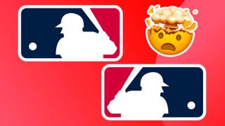 A shot of the MLB logo on a colourful red background with a mind-blown emoji in the background