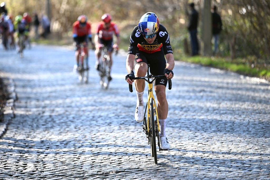 NINOVE, BELGIUM - FEBRUARY 26: Wout Van Aert of Belgium and Team Jumbo - Visma competes during the 77th Omloop Het Nieuwsblad 2022 - Men&#039;s Race a 204,2km race from Ghent to Ninove / #OHN22 / @FlandersClassic / #WorldTour / on February 26, 2022 in Ninove, Belgium. (Photo by Vincent Kalut - Pool/Getty Images)