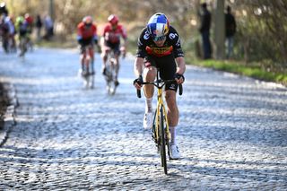 NINOVE, BELGIUM - FEBRUARY 26: Wout Van Aert of Belgium and Team Jumbo - Visma competes during the 77th Omloop Het Nieuwsblad 2022 - Men's Race a 204,2km race from Ghent to Ninove / #OHN22 / @FlandersClassic / #WorldTour / on February 26, 2022 in Ninove, Belgium. (Photo by Vincent Kalut - Pool/Getty Images)