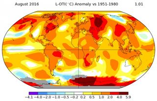 How temperatures across the globe compared to normal during August 2016.