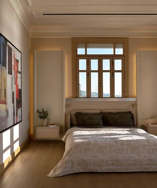 Minimalist bedroom with ambient light wall panels