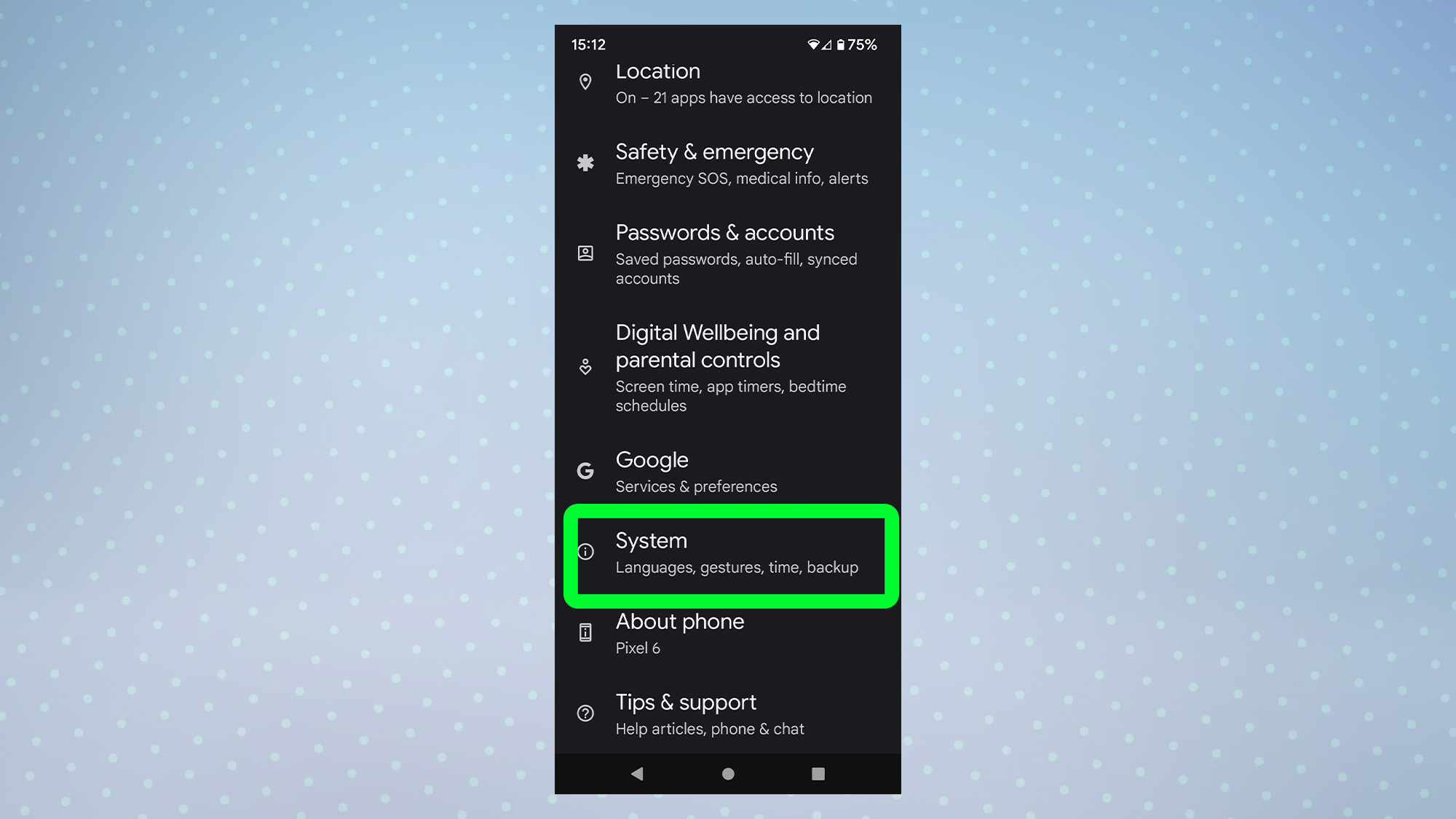Скриншот с Android 12, показывающий главное меню настроек