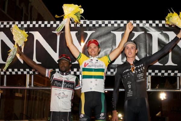 Men's podium (l-r): Rahsaan Bahati (SKLZ p/b Pista Palace), Jonathan Cantwell (V Australia) and Michael Northey (Pure Black Racing).