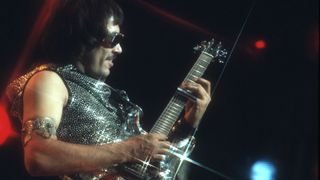 Steppenwolf's John Kay plays slide with an Ampeg Dan Armstrong Lucite guitar circa 1970.