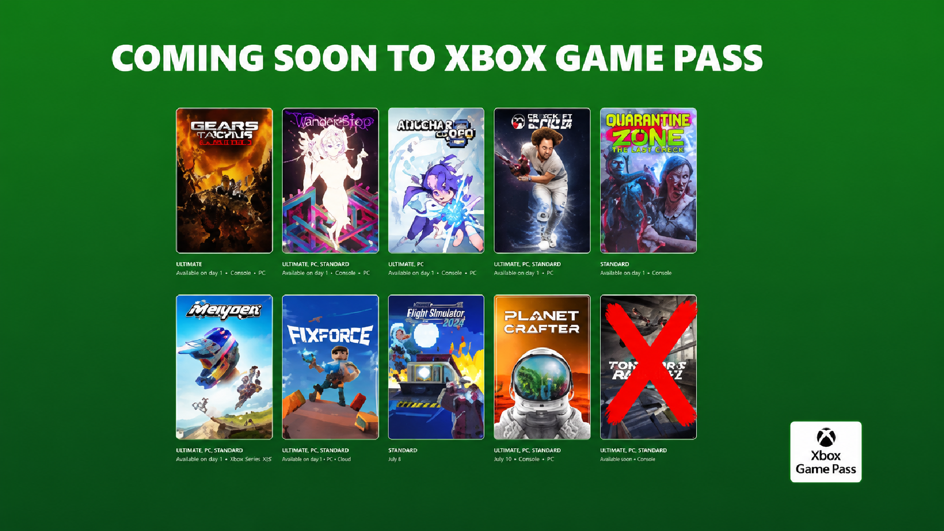 Xbox Game Pass upcoming games lineup with a red cross over Tony Hawk's Pro Skater 1+2, highlighting its removal from the announced release schedule.