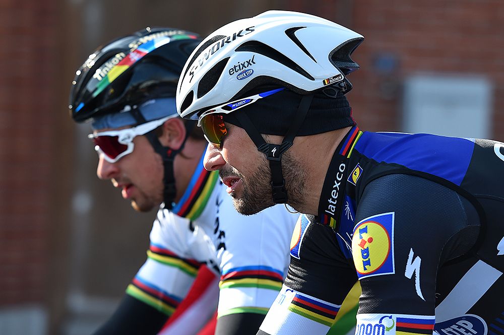 Peter Sagan (Tinkoff) and Tom Boonen (Etixx-QuickStep) ride side by side at Kuurne-Brussel-Kuurne