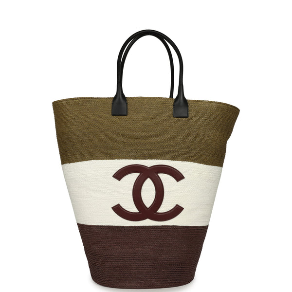 Chanel Maxi Coco Beach Large Shopping Bag Khaki, White, Brown Raffia and Black Calfskin