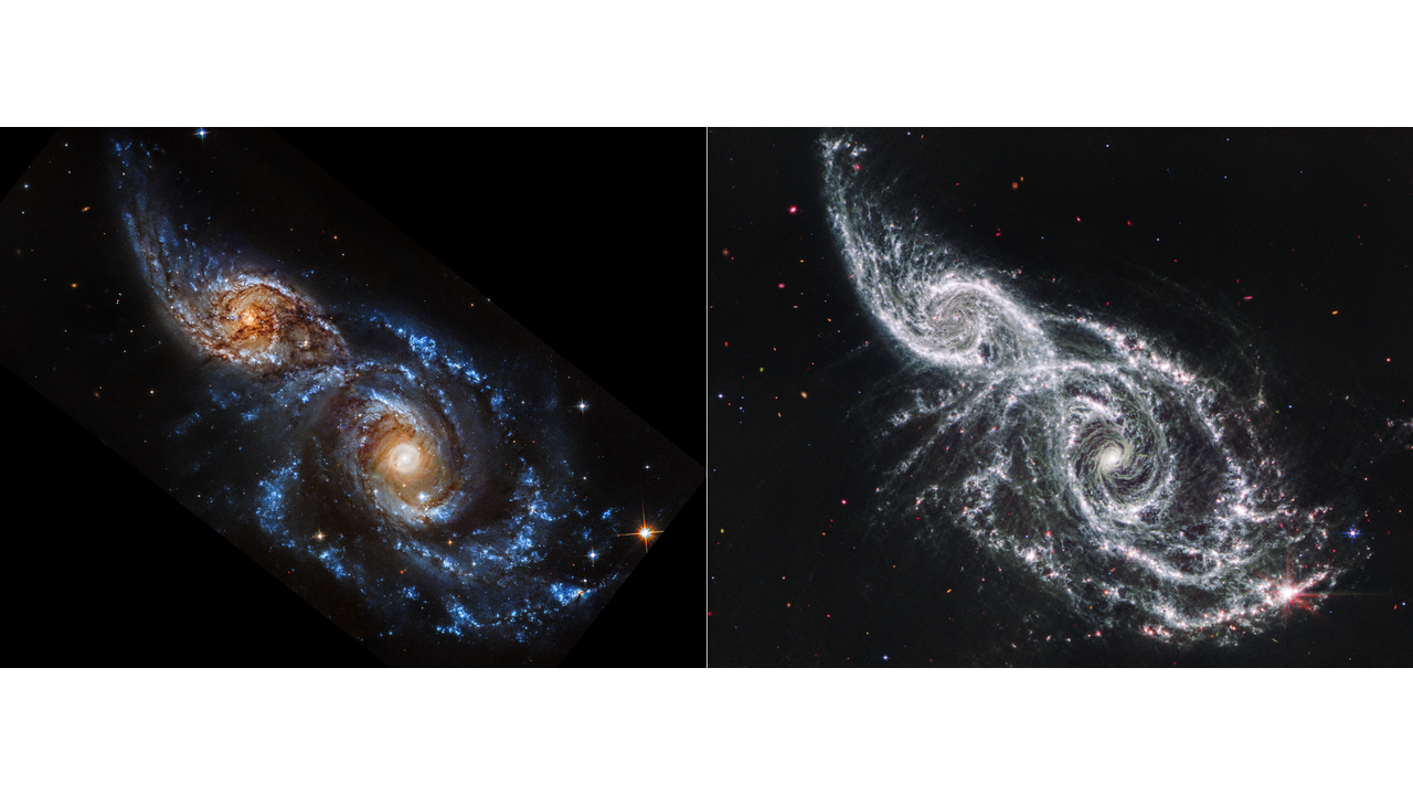 two swirling galaxies in deep space glow in shades of red and yellow