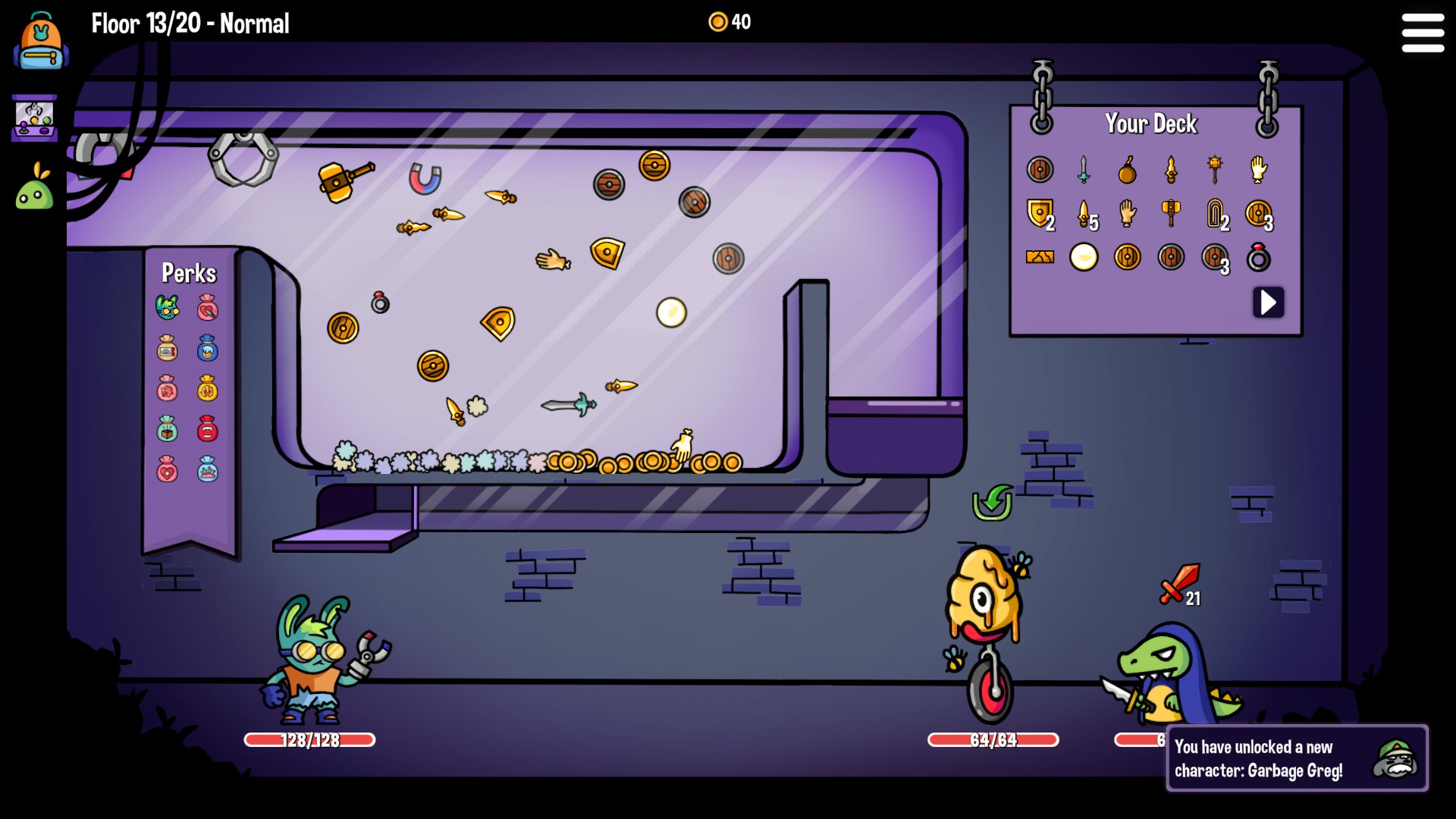 Several images showing gameplay of Dungeon Clawler, including a battle screen against ab oss, three randomly selected cards, and a pachinko machine.