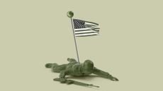 Illustration of a green plastic toy soldier pinned to the ground with a U.S. flag
