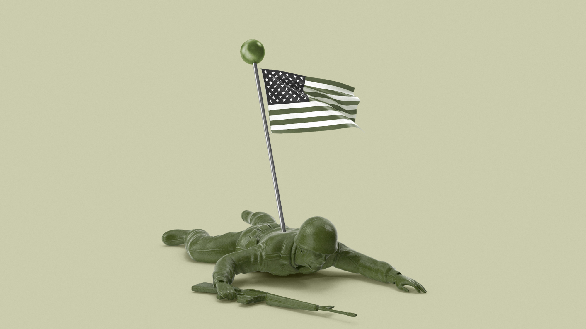 Illustration of a green plastic toy soldier pinned to the ground with a U.S. flag