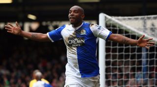 BLACKBURN, UNITED KINGDOM - APRIL 04: Benni McCarthy of Blackburn Rovers celebrates his equalising goal during the Barclays Premier League match between Blackburn Rovers and Tottenham Hotspur at Ewood Park on April 4, 2009 in Blackburn, England. (Photo by Jamie McDonald/Getty Images)