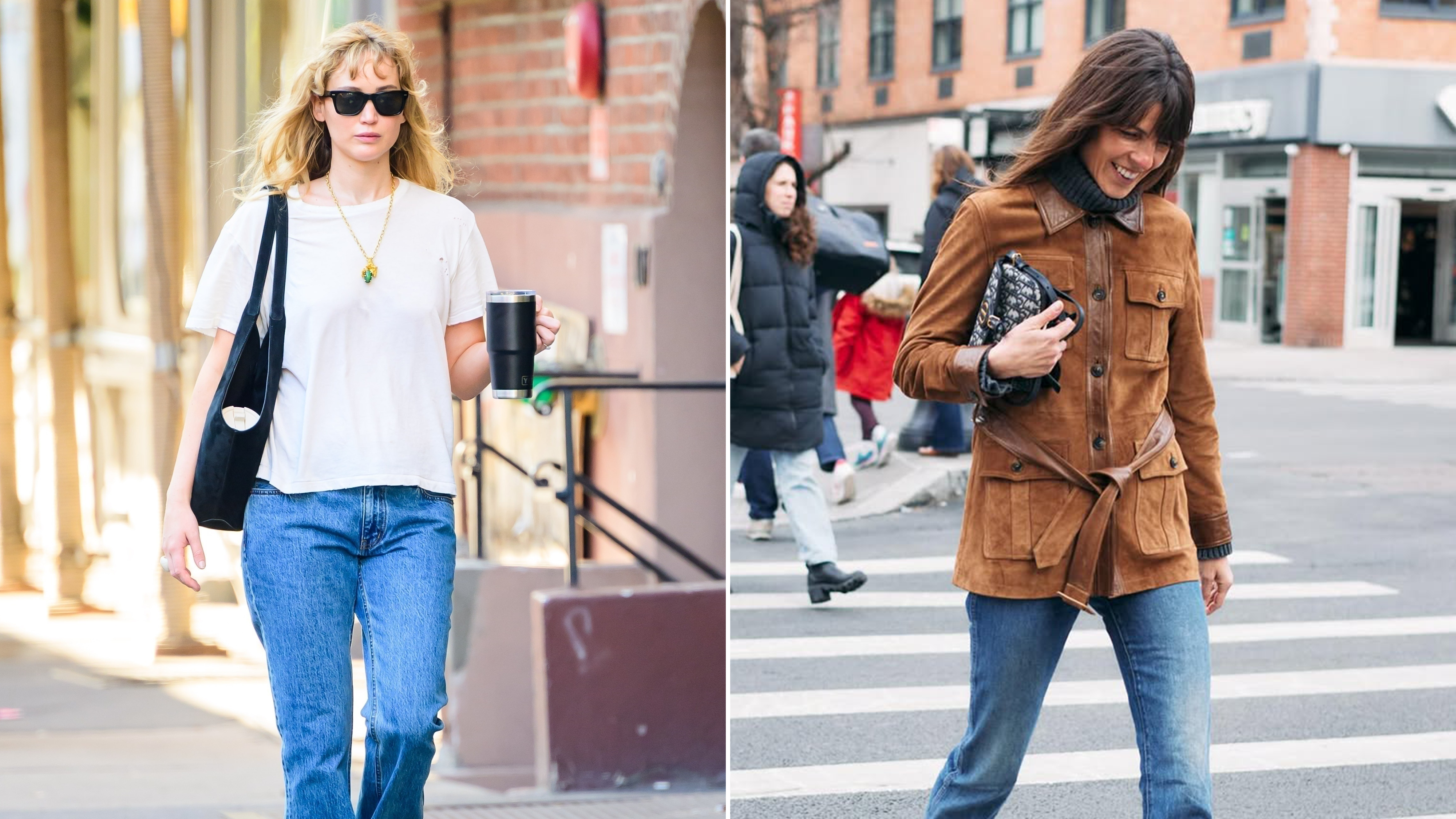 Jennifer Lawrence wearing bootcut jeans with a white T-shirt and ballet flats and influencer Laura Vidrequin Roso wearing bootcut jeans with a suede jacket