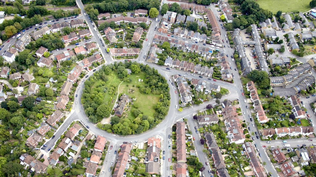 Aerial view north of Royal Circus roads in West Norwood, Lambeth, London SE27, UK.