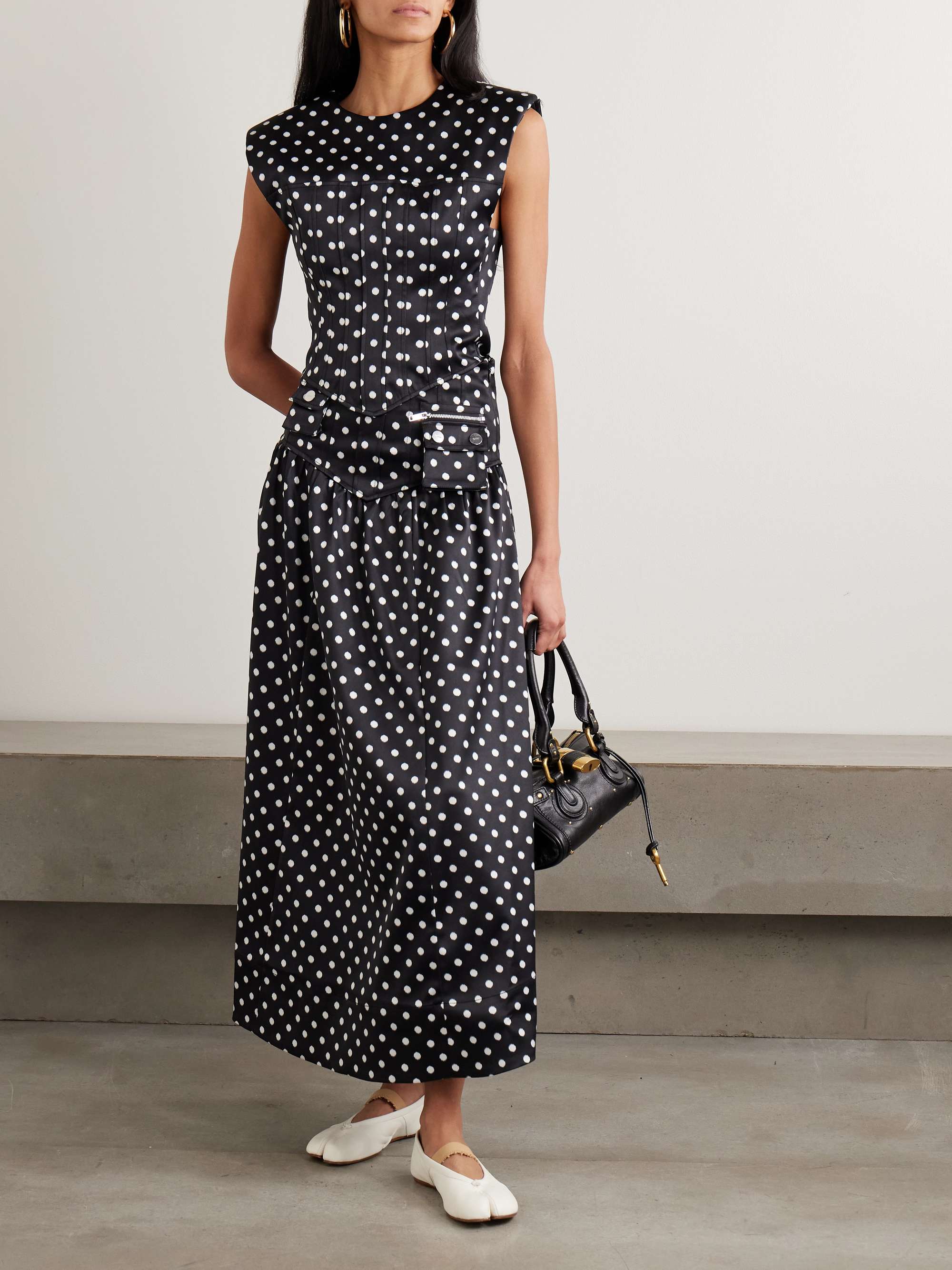 Gathered Polka-Dot Recycled Satin Midi Skirt