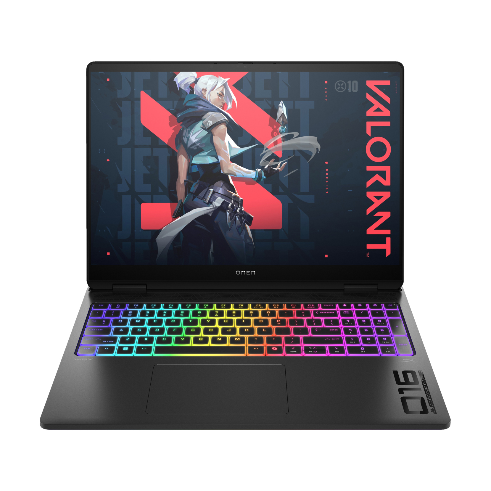 An open and powered on black laptop with glowing, rainbow-colored keys against a white background.