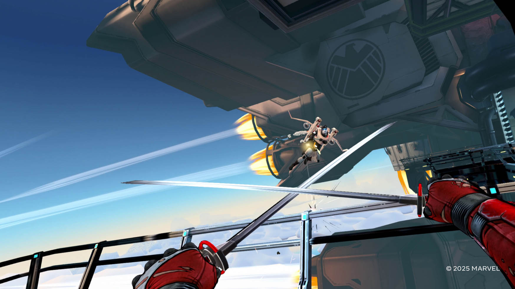 Deadpool parries the bullets from a jetpack guard in Marvel&#039;s Deadpool VR using his swords