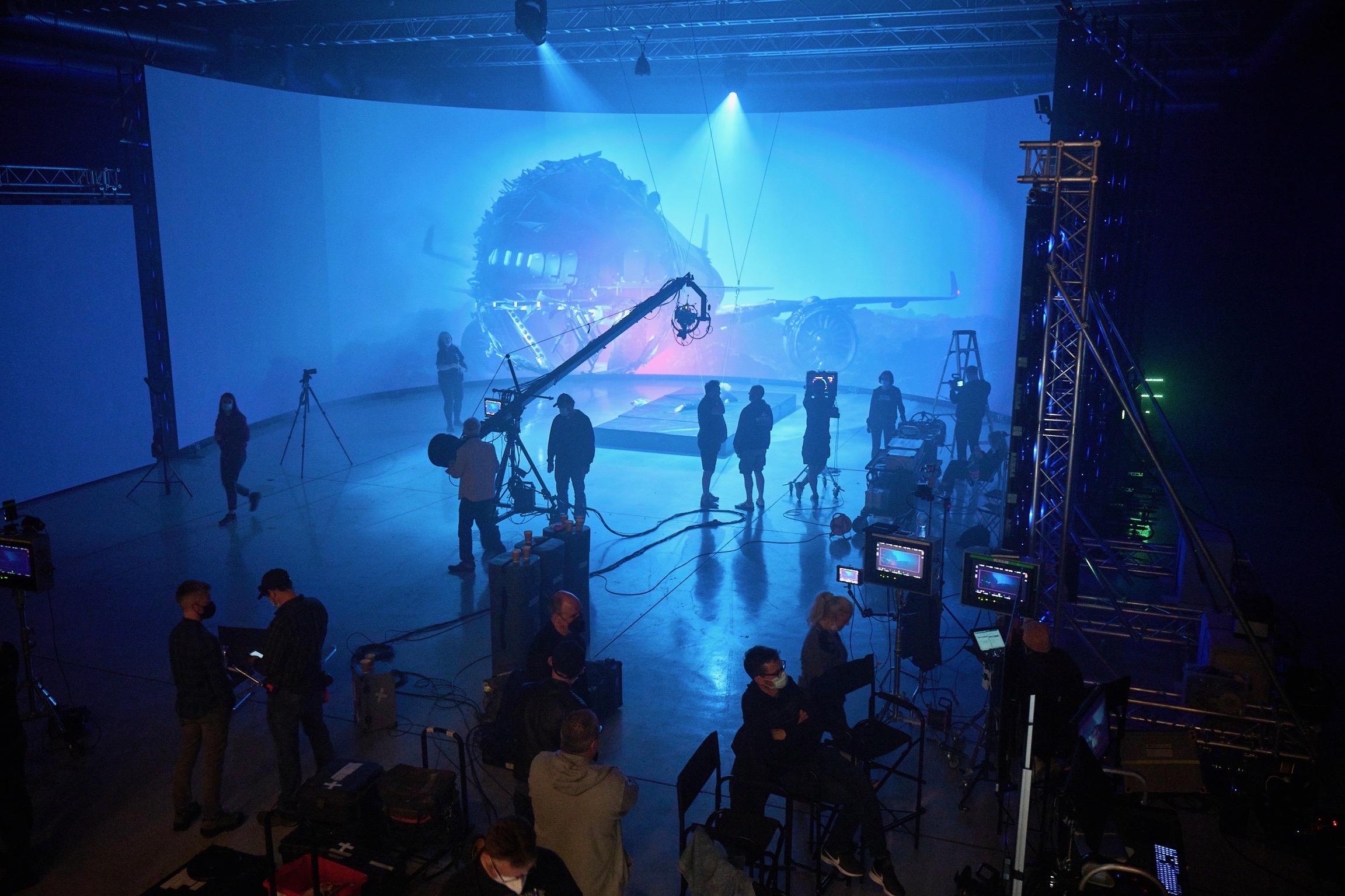 A large film set with an LED backdrop screen