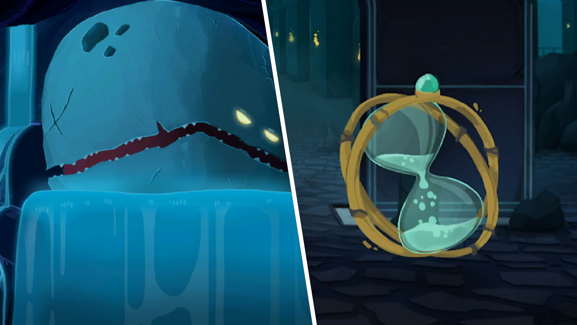 Left: Neow, a giant whale in Slay the SPire 2. Right: The Aeonglass, an ominous hourglass and Act 3 boss.