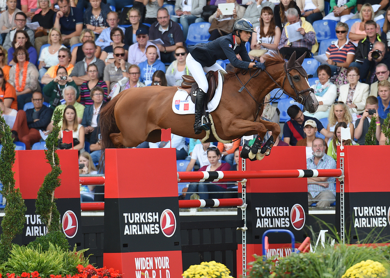 Penelope Leprovost and Flora De Mariposa win the speed competition at the 2015 European Showjumping Championships. Picture by Peter Nixon