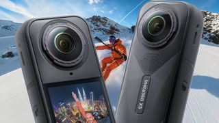 Insta360 X5 press image overlaid onto lifestyle image of X5 being used by person snowboarding