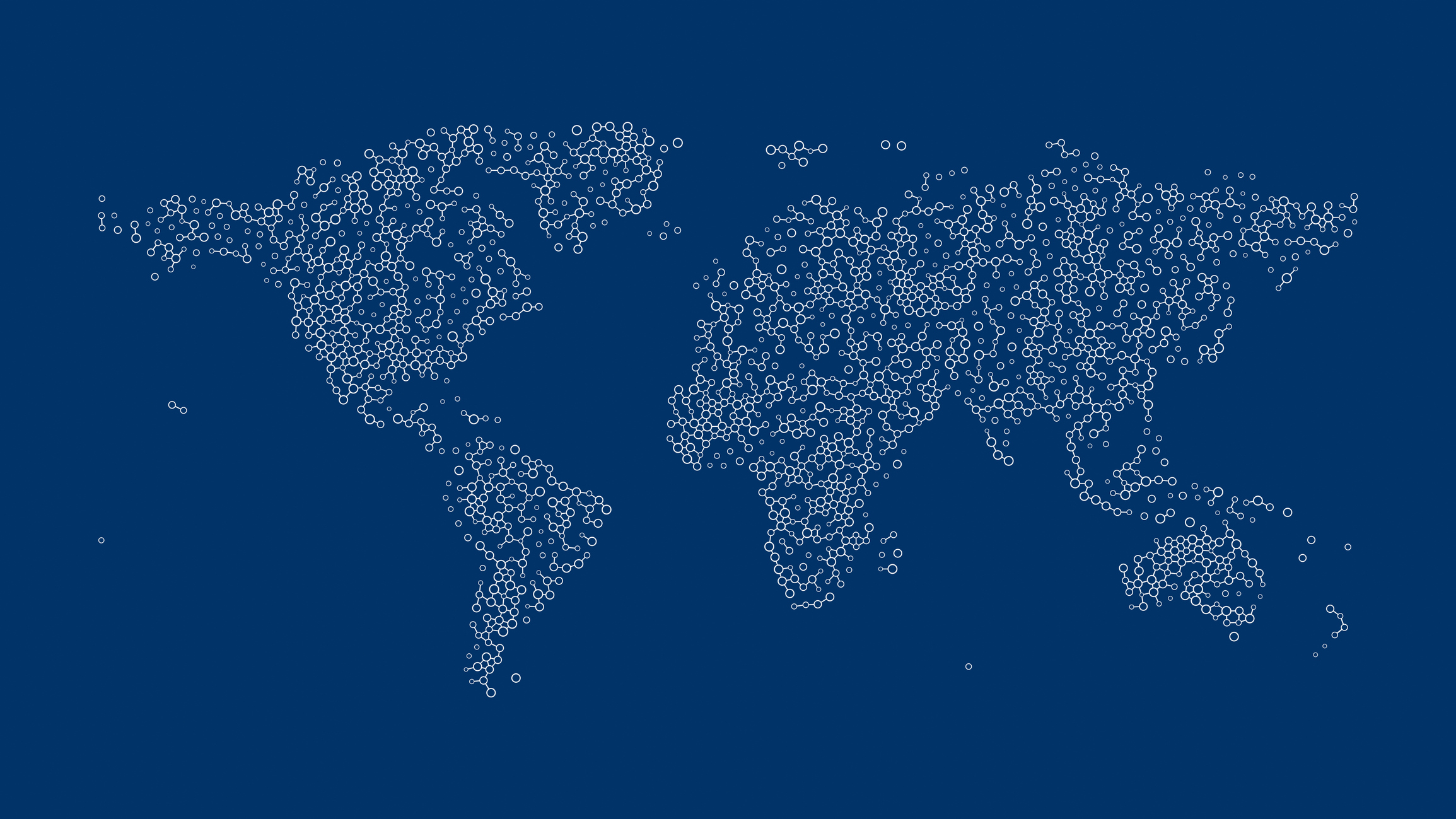 A world map formed by interconnected circles on a dark blue background, symbolizing globalization, digital connections and shared systems across continents