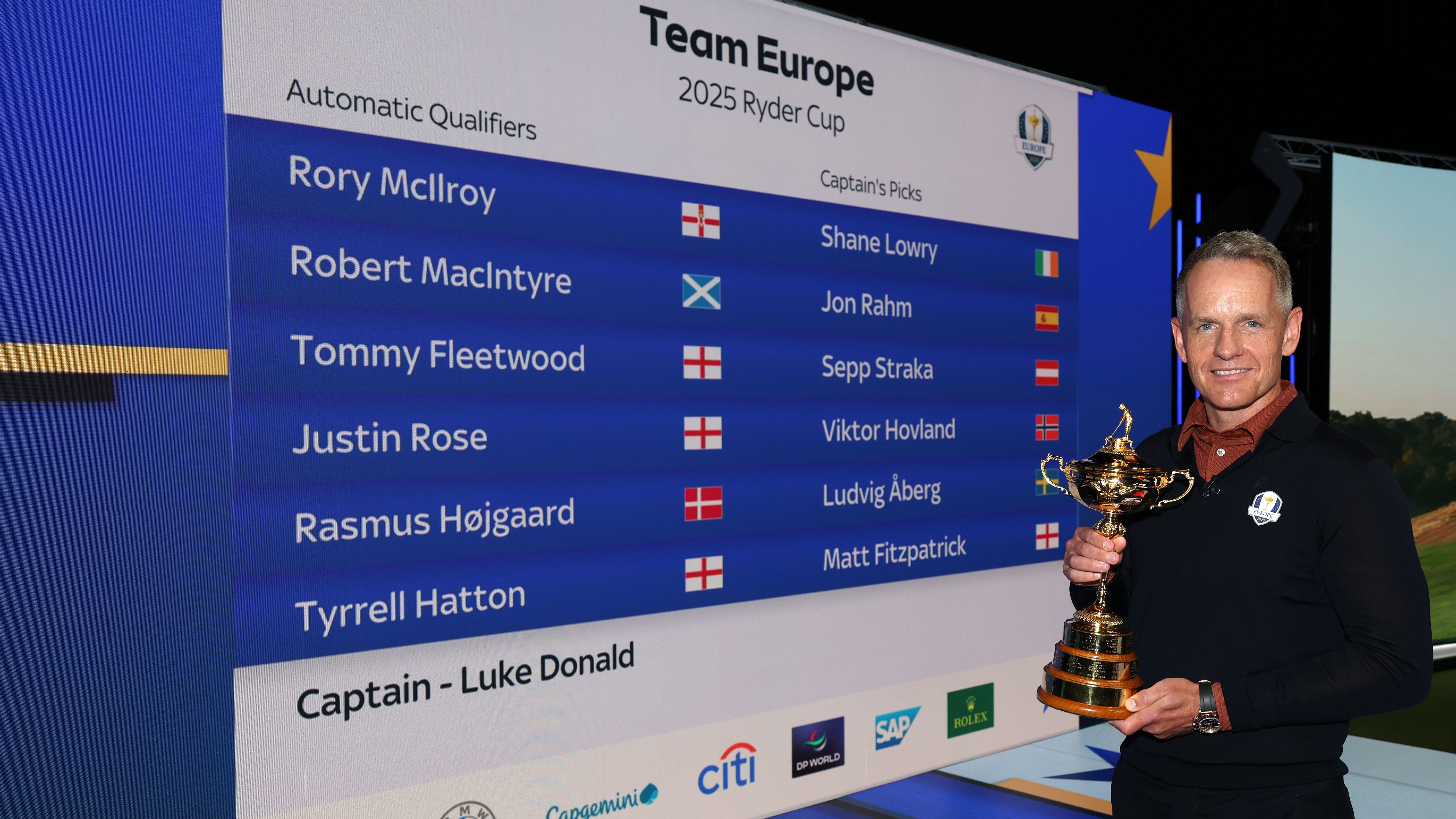 Captain Luke Donald holding the Ryder Cup