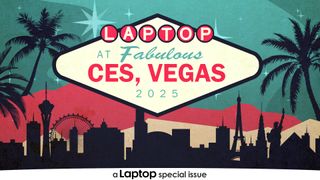 A retro futuristic styled graphic showing the Las Vegas skyline with palm trees and hills behind a rendition of the Welcome to Las Vegas sign stating "Laptop at fabulous CES, Vegas 2025" a part of Laptop Mag's CES coverage.