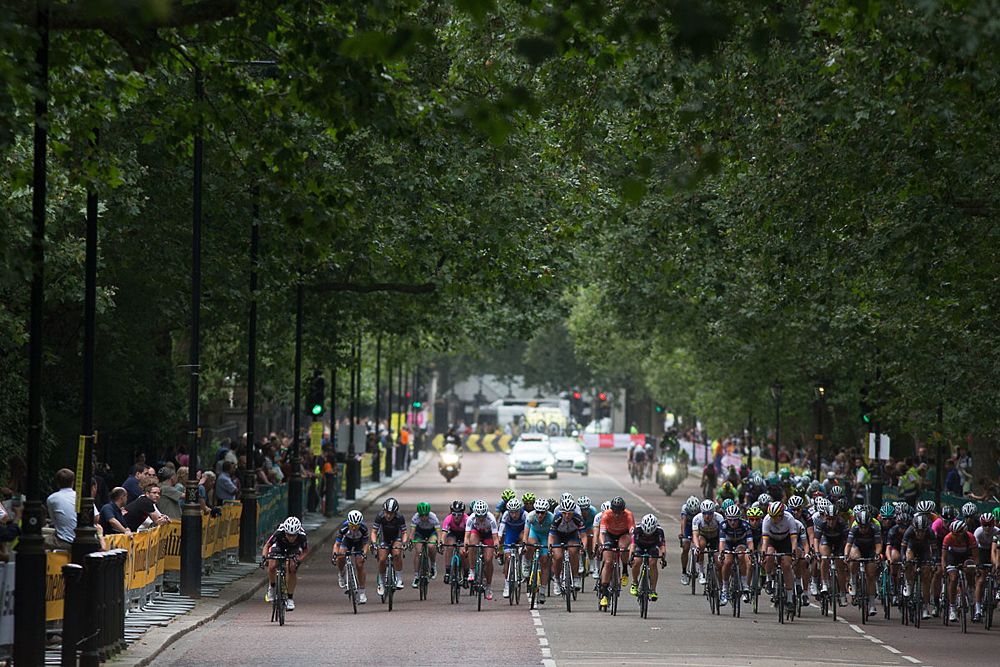 Riders of the BTC City Ljubljana Cycling Team attack on Birdcage Walk in the early part of the Prudential RideLondon Classique