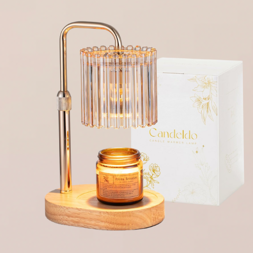 A candle warmer lamp on a wooden base