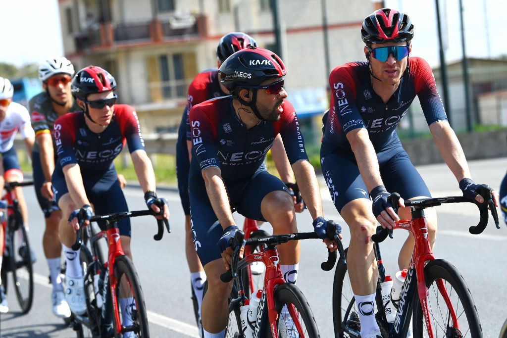SCALEA ITALY MAY 12 LR Nicolas Jonathan Castroviejo of Spain and Salvatore Puccio of Italy and Team INEOS Grenadiers compete during the 105th Giro dItalia 2022 Stage 6 a 192km stage from Palmi to Scalea Giro WorldTour on May 12 2022 in Scalea Italy Photo by Tim de WaeleGetty Images
