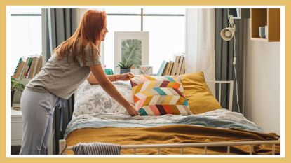 Young woman at dorm room. It is morning and she is making bed while listening music on headphones, dorm room essentials