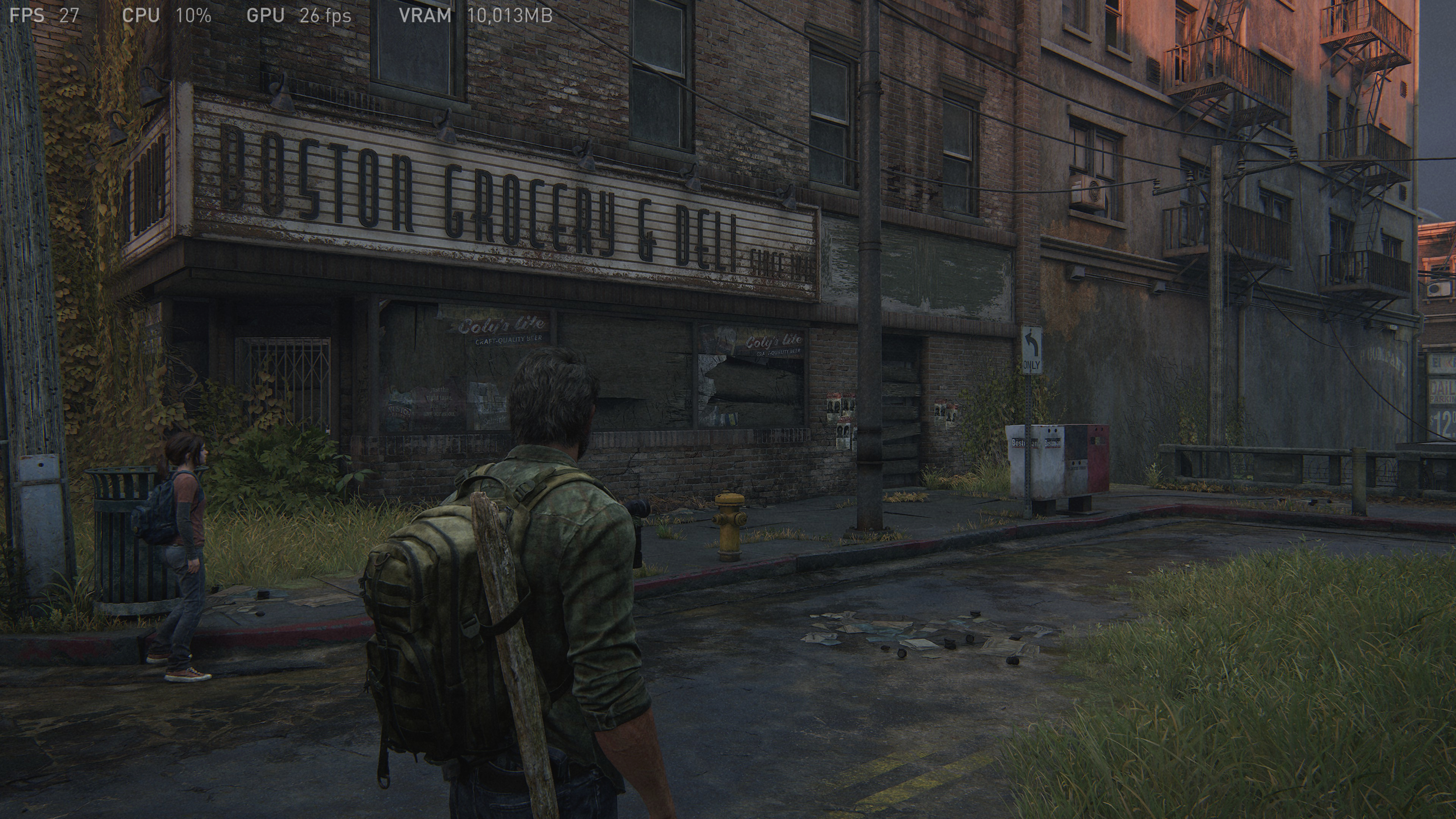 A screenshot of the PC version of The Last of Us Part 1, with the game&#39;s built-in performance HUD displayed at the top of the frame
