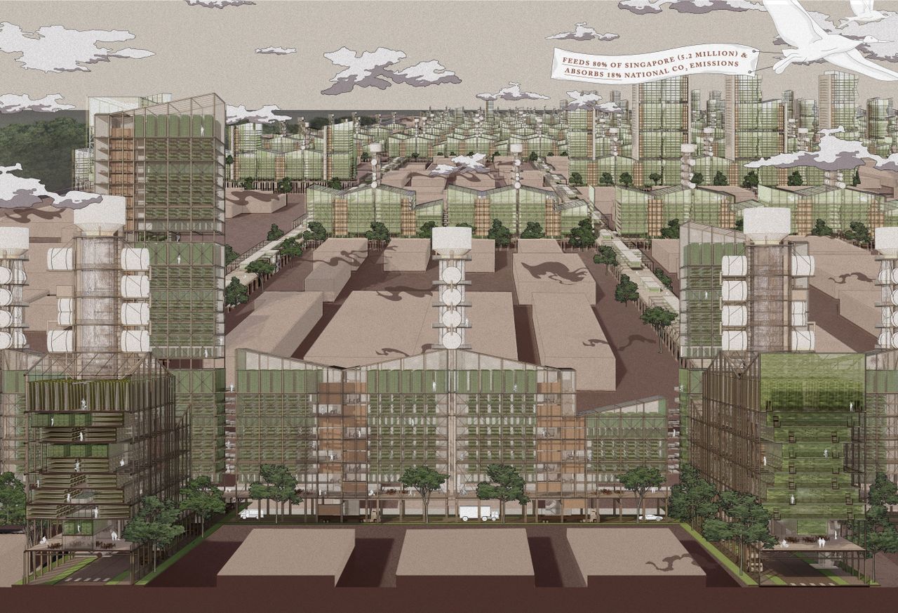 A project of an urban agriculture farm prototype that spans over seven kilometers. There are a lot of buildings of different sizes which are surrounded by trees.