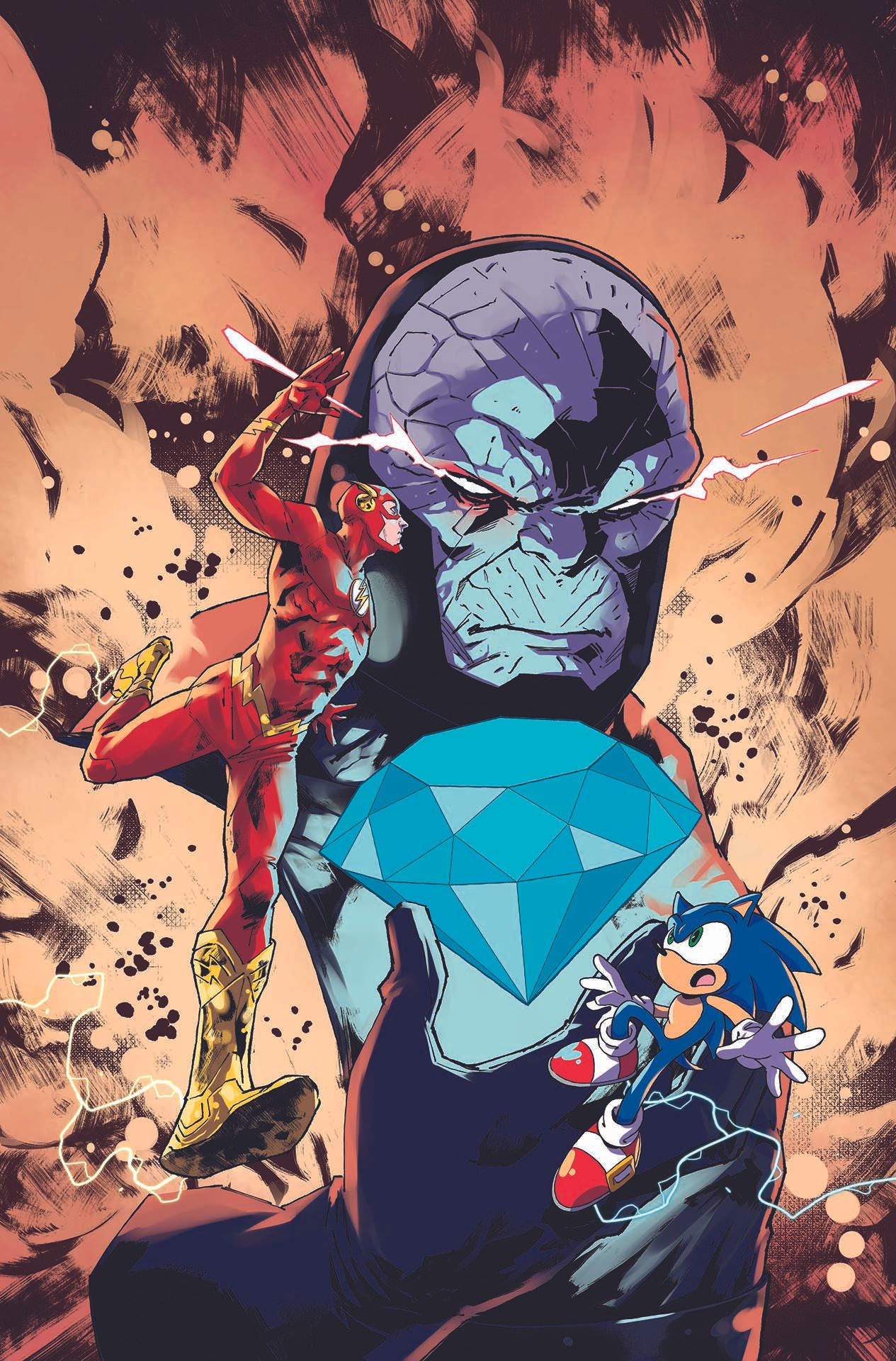 Flash and Sonic meeting with Darkseid in the background holding a Chaos Emerald