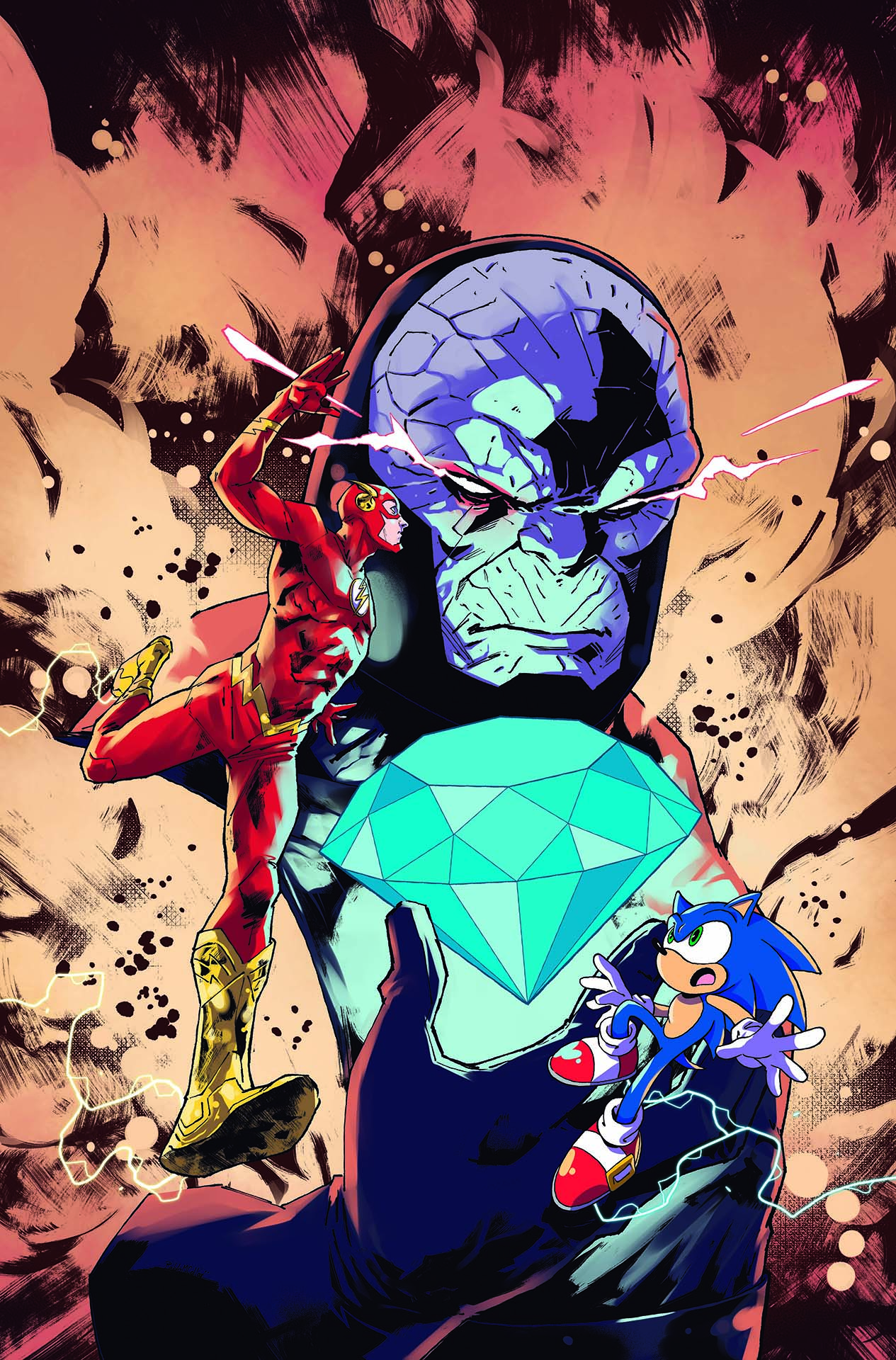 Flash and Sonic meeting with Darkseid in the background holding a Chaos Emerald