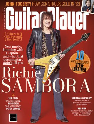 Richie Sambora, pictured on the cover of the August 2024 issue of Guitar Player
