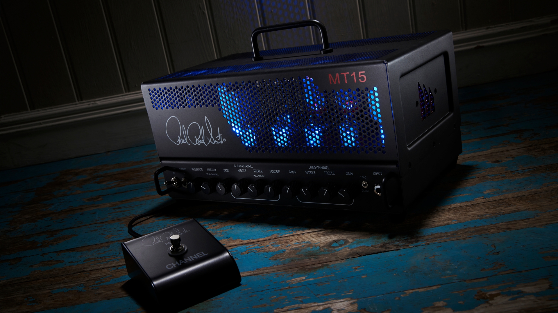 A PRS MT 15 Mark Tremonti tube amp head with footswitch