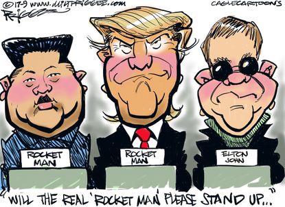 Political cartoon U.S. Trump Kim Jong-Un Elton John rocket man