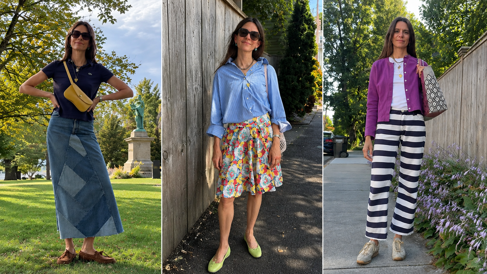 Three fall outfit ideas featuring a patchwork denim maxi skirt, a colorful floral skirt with a blue button-down, and striped wide-leg pants with a purple cardigan.