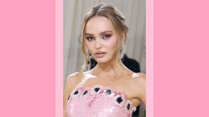 Lily-Rose Depp pictured wearing a pink and black sequin dress at the 2021 Met Gala/ used in a piece for 'Lily-Rose Depp dating'/ in a pink template