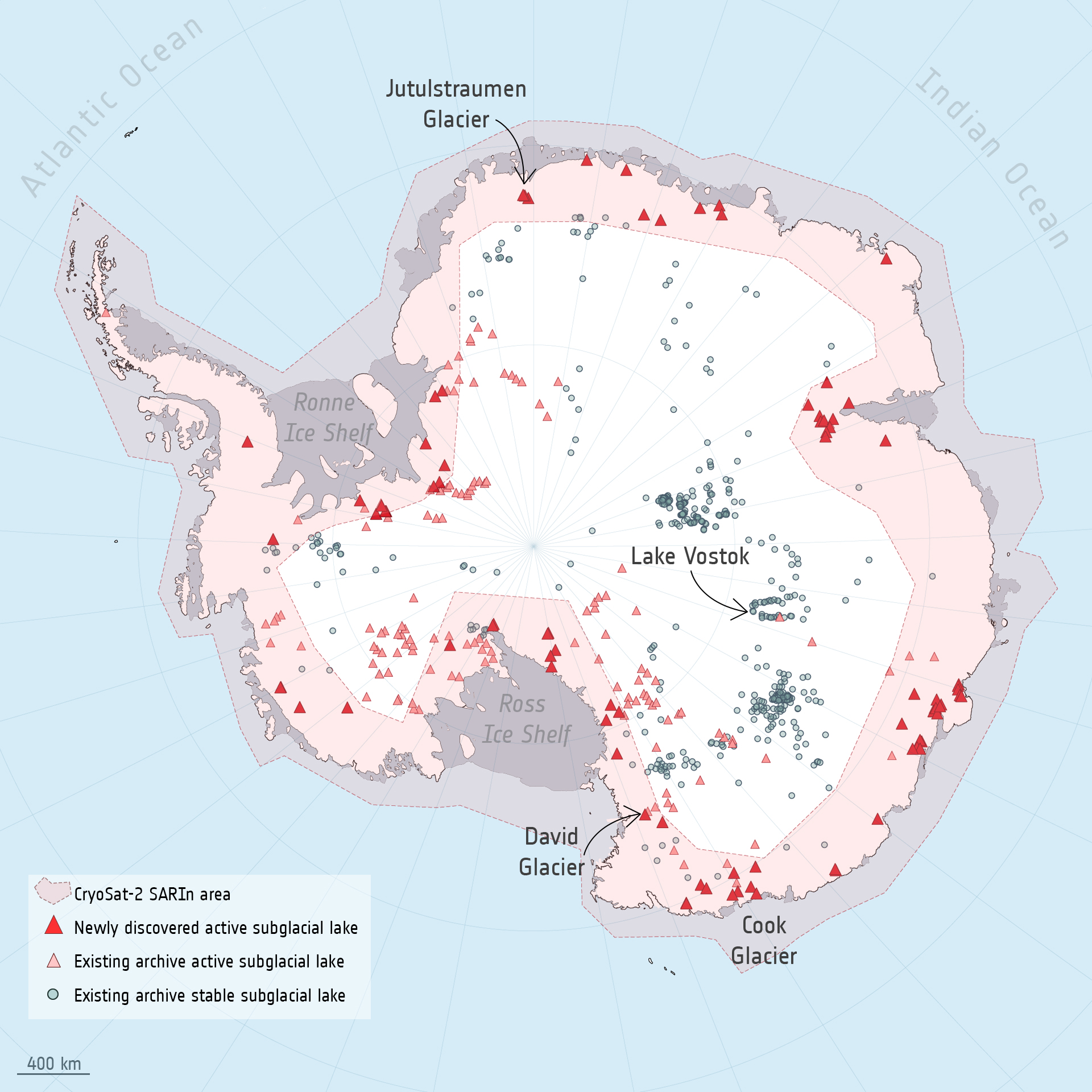 Map of Antarctica showing the location of active and stable subglacial lakes.
