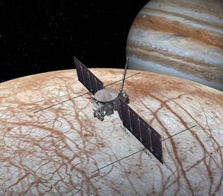 This artist's rendering shows NASA's Europa Clipper spacecraft, which is being developed for a launch sometime in the 2020s and will explore Jupiter's icy moon.