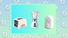 A graphic of a toaster, blender, and air fryer, on a blue and green background with emoji clocks